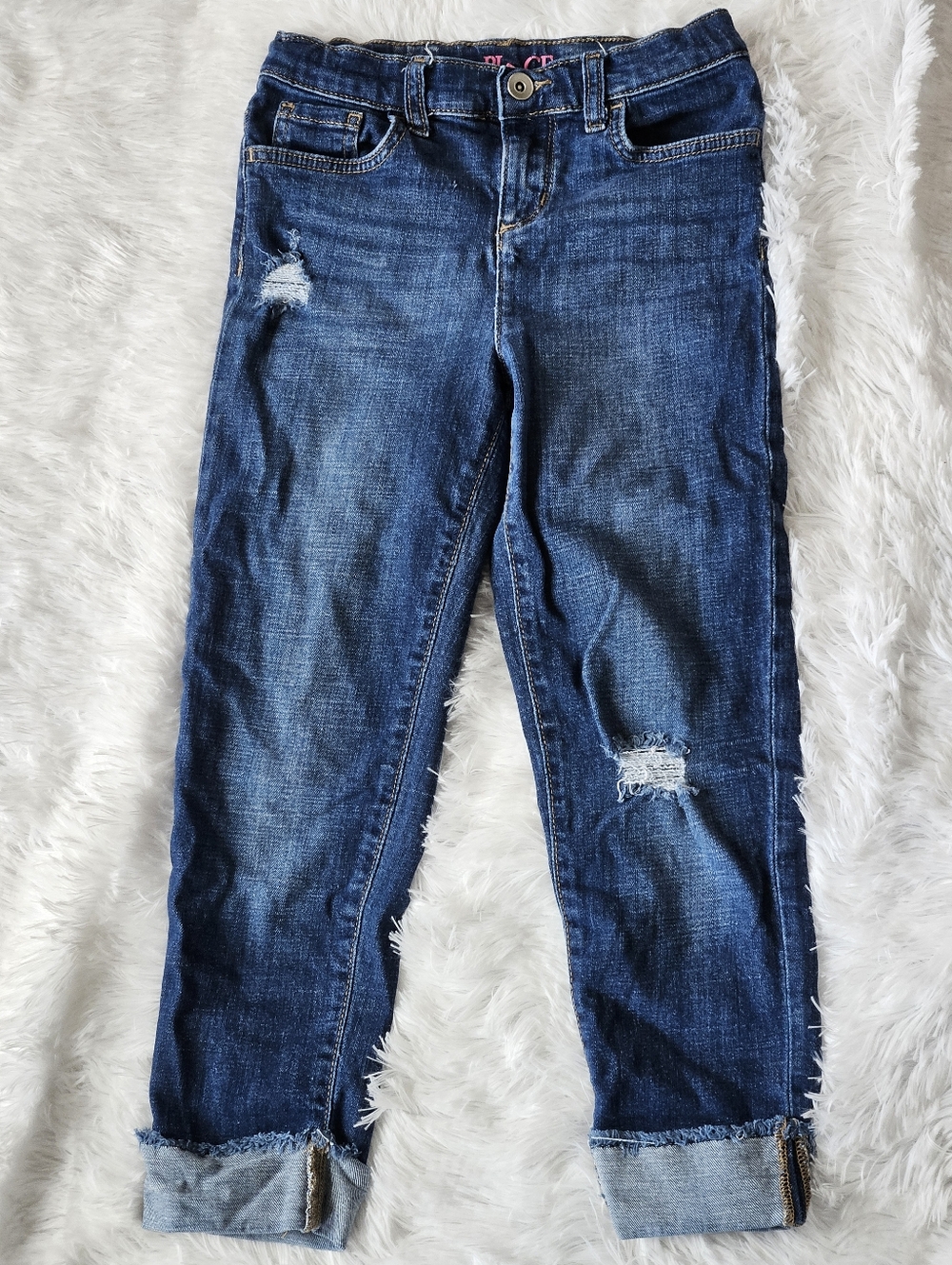 Girl's Dark Blue Distressed Roll-Cuff Capri Jeans